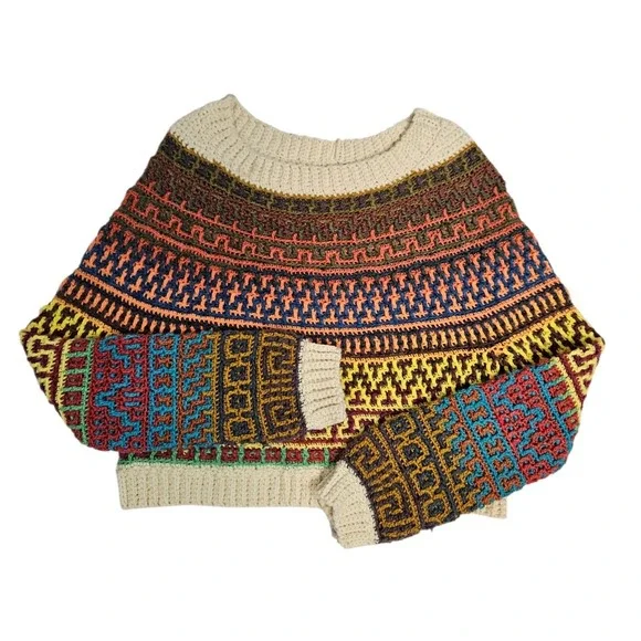Handmade Crochet Mosaic Sweater Multi Color Geometric Boho Chunky Knit Pullover - Picture 6 of 6